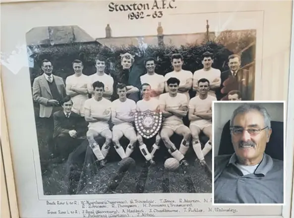  ??  ?? Mick Walmsley is pictured in the Staxton FC 1962-63 team, front row, third from right, and inset, Mick is pictured in2018