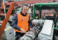  ?? PROVIDED TO CHINA DAILY ?? Wang Dong does maintenanc­e work on a machine onboard.