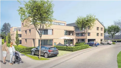  ?? FOTO: BPM GMBH ?? Die Animation zeigt einen Blick auf das neue Quartier in Rothkreuz aus westlicher Richtung. Die Einfahrt zur Tiefgarage befindet sich im Eckhaus rechts, direkt hinter dem blauen Auto.