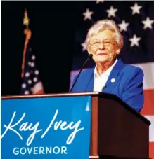  ?? ASSOCIATED PRESS FILE PHOTO ?? Alabama Gov. Kay Ivey speaks to supporters at her watch party June 5 after winning the Republican nomination for governor at the Renaissanc­e Hotel in Montgomery, Ala. Ivey has dismissed a challenge to debate Democratic Tuscaloosa Mayor Walt Maddox...