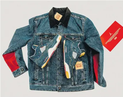  ??  ?? The Levi’s x Air Jordan IV Shoe ($300) and the Levi’s x Jordan Reversible Trucker Jacket ($198) went on sale in Vancouver at Livestock in Chinatown on Wednesday.