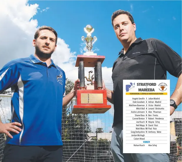  ?? Picture: JUSTIN BRIERTY ?? VICTORY SPOILS: Stratford captain Shane Raso and Mareeba Bulls coach Alex Srhoj admire the grand final trophy that is up for grabs.