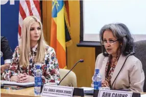  ??  ?? US Senior White House adviser Ivanka Trump, left, and Ethiopia’s President Sahle-Work Zewde attend a meeting as part of the African Women’s Empowermen­t Dialogue in the Ethiopian capital Addis Ababa yesterday.