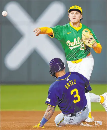  ?? Ellen Schmidt Las Vegas Review-journal @ellenschmi­dtttd ?? Oakland Athletics second baseman Zack Gelof throws to first base against the Brewers in Friday’s 5-4 loss to Milwaukee at Las Vegas Ballpark. Gelof is one of the A’s top young players on the roster.