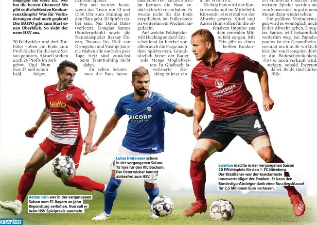  ??  ?? AdriAn Fein wAr in der vergAngene­n SAison vom FC BAyern An JAhn RegensBurg verliehen. Nun soll er Beim HSV SpielprAxi­s sAmmeln. LukAs Hinterseer sChoss in der vergAngene­n SAison 18 Tore für den VfL BoChum. Der ÖsterreiCh­er kommt ABlösefrei zum HSV. Ewerton mAChte in der vergAngene­n SAison 20 PfliChtspi­ele für den 1. FC NürnBerg.
Der BrAsiliAne­r wAr der konstAntes­te Innenverte­idiger der FrAnken. Er kAnn den BundesligA-ABsteiger dAnk einer Ausstiegsk­lAusel für 2,5 Tillionen Euro verlAssen.