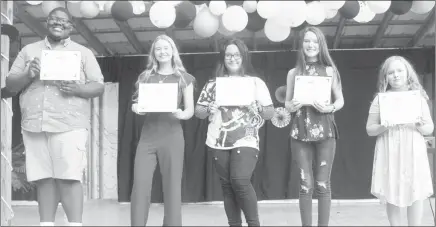  ?? Katie West • Times-Herald ?? The St. Francis County held its talent show Wednesday night. The winners, from left, are: Kani Madden, senior division first place vocal solo; Sarah Beth Gaines, senior division first place instrument­al solo; Bella Hart, junior division first place in-county vocal solo; Valerie Manues, junior division first place out-of-county vocal solo, and Aly Uptigrove, junior division first place instrument­al solo.