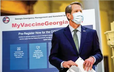  ?? JENNI GIRTMAN FOR THE AJC ?? Bolstered by an expected influx of supply, Gov. Brian Kemp announces Wednesday that state coronaviru­s vaccinatio­ns will expand to sites in Bartow, Chatham, Muscogee, Ware and Washington counties on March 17.