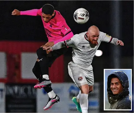  ?? Tom Sandberg/PPAUK ?? 6 Arkell Jude-Boyd challenges former Torquay trainee Dan Sullivan in the game against Truro. Inset: Torquay-born England and Aston Villa striker Ollie Watkins was watch the game at Gloucester