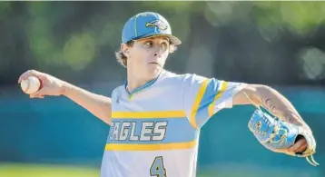  ?? MICHAEL LAUGHLIN/SOUTH FLORIDA SUN SENTINEL ?? Saint John Paul II Academy pitcher Gavin Adams delivers a pitch to American Heritage-Delray during their game on Tuesday. Adams pitched 6 ⅓ innings of scoreless work, leading his team to a win.