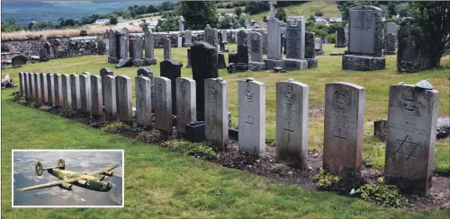  ?? 01_B32crash03 ?? The headstones of all the victims who died in the crash, except one, in Lamlash cemetery.
Inset: A Consolidat­ed Liberator aircraft similar to the one which crashed.