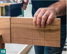  ??  ?? 13 The long tenon is crosscut at the bench. There may be some chisel work to square the shoulder all the way around, but it’s a joint that needs to look perfect.