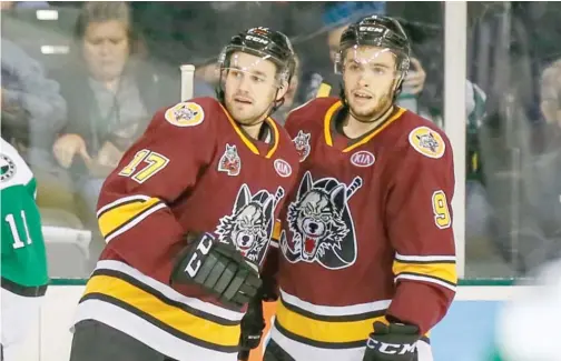  ?? | COURTESY OF THE WOLVES ?? Brooks Macek (left) has jelled on a line with Gage Quinney (right) and Daniel Carr and had five assists Wednesday in a 5-3 win over the Admirals.