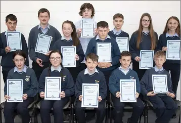  ??  ?? First and Second Year Attendance Awards. Back: Ben Corish, Conor McGovern, Jane Kelly, Leon Hogan, Martin Kearns, Daniel Vetrila, Justine Murphy and Aimee Bates Crosbie. Front: Rebecca O’Neill, Lauren Williams, Mark Kelly, Andrew Crosby and Kieran...