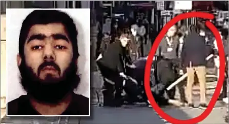  ??  ?? Courage...Public, including a man wielding a narwhal tusk, tackle London Bridge knife attacker Usman Khan, inset