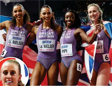  ?? GETTY ?? Brilliant Bril bronze: Lina and Laviai Nielsen, Ama Pipi and Jessie Knight Knigh celebrate as does silver medallist Jemma Reekie (inset)