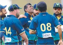  ?? Picture: Mike Dugdale ?? Guild-St Mary's bowler Dhanuja Nandana celebrates after dismissing Nathan Broster.