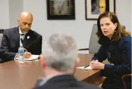  ?? VINCENT ALBAN/CHICAGO TRIBUNE ?? Democratic candidates for Cook County state’s attorney Eileen O’Neill Burke, right, and Clayton Harris III, left, take part in an interview with members of the Chicago Tribune Editorial Board on Feb. 14 at the Chicago Tribune Freedom Center.