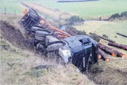  ??  ?? Accident A lorry carrying logs overturned on the A873 in 2019