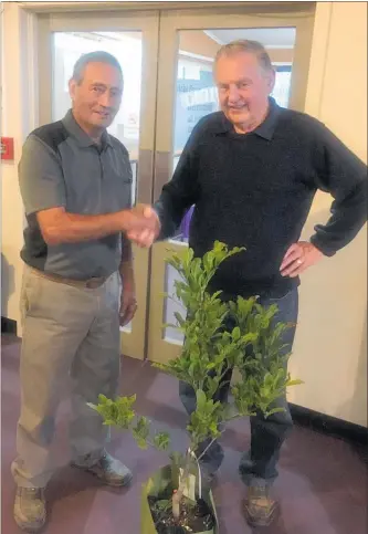  ??  ?? Ray Gibson shakes hands with Henry Brighouse, patron of the Dannevirke Sports Club, at its AGM December 11.