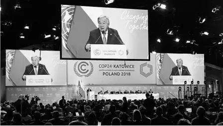  ?? SEAN GALLUP/GETTY ?? U.N. Secretary-General Antonio Guterres speaks Monday in Katowice, Poland.