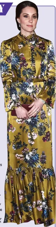  ??  ?? Kate’s £1,945 ochre silksatin gown looked as though it had been made from a set of curtains &lt;&lt; &lt;&lt; Downton Abbey star Michelle Dockery’s £2,700 bold floral cocktail dress seemed to wear her, rather than her wearing it