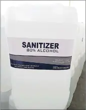  ??  ?? A 25 litre container full of the sanitiser s uppli ed by SVK I nvestment t o t he National Disaster Management Agency.
