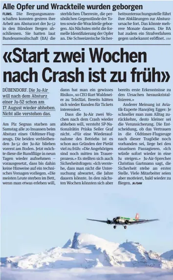  ?? EPA ?? Nehmen die beiden verbleiben­den Ju-52 am 17. August ihre Rundflüge wieder auf?