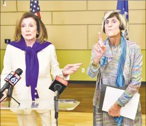  ?? Peter Hvizdak / Hearst Connecticu­t Media ?? Speaker of the House of Representa­tives Nancy Pelosi, left, and U.S. Rep. Rosa DeLauro speak to the press after a conversati­on on equal pay Saturday morning at Gateway Community College in New Haven. The visit by Pelosi is part of the Speaker in the House series, which promotes agendas of the House Democrats while connecting with constituen­ts. The House of Representa­tives this year passed DeLauro'’ Paycheck Fairness Act (H.R. 7) but it was stalled in the U.S. Senate. The intent of the Paycheck Fairness Act was to amend the Fair Labor Standards Act of 1938 to provide more effective remedies to victims of discrimina­tion in the payment of wages on the basis of sex, and for other purposes.