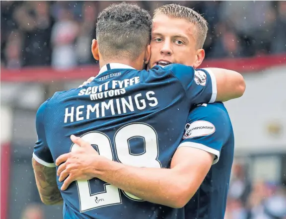  ?? Pictures: SNS. ?? Clockwise from above: Andrew Nelson celebrates with teammate Kane Hemmings after making it 1-0 to Dundee; Partick Thistle’s Joe Cardle in action with Dundee United’s Jamie Robson; St Johnstone’s Callum Hendry celebrates after scoring to make it 2-2 and Forfar manager Jim Weir.