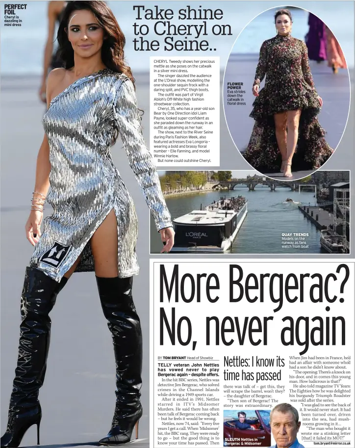  ??  ?? PERFECT FOIL Cheryl is dazzling in mini dress FLOWER POWER Eva strides down the catwalk in floral dress QUAY TRENDS Models on the runway as fans watch from boat