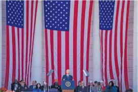  ?? AP PHOTO/ANDREW HARNIK ?? President Joe Biden speaks Saturday at the National Veterans Day Observance at the Memorial Amphitheat­er at Arlington National Cemetery in Arlington, Va.