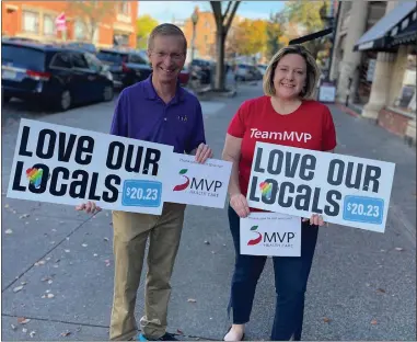  ?? PHOTO PROVIDED ?? Saratoga County Chamber president Todd Shimkus and MVP employee Stacey Barss promote the Love Our Locals campaign.