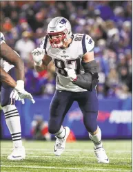  ?? Chris Cecere / Associated Press ?? Patriots tight end Rob Gronkowski is expected to return Sunday from back and ankle injuries after sitting out the last two games. He was listed as questionab­le after being limited at practice all week.