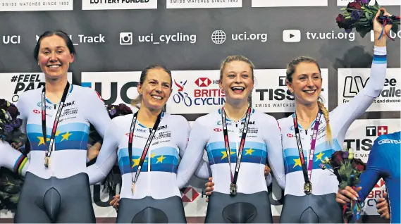  ??  ?? Racing to the top: (From the left) Katie Archibald, Ellie Dickinson, Neah Evans and Laura Kenny on the podium