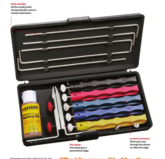  ??  ?? Neat and tidy
All the Lansky knifesharp­ening kits come in handy travel boxes
The clamp
This helps give a symmetrica­l edge
A choice of stones Work your way through the stones to refine the edge