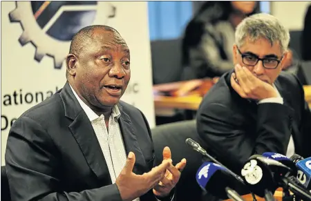  ?? PHOTO: VELI NHLAPO ?? Deputy President Cyril Ramaphosa with chairman of the advisory panel on minimum wages Professor Imraan Valodia during the release of the report by the panel appointed to advise the National Economic Developmen­t and Labour Council.