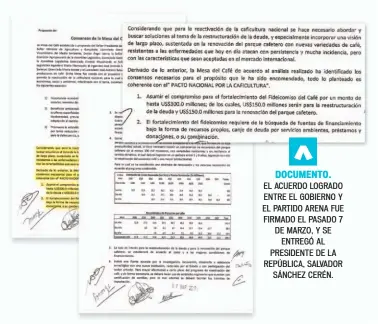  ??  ?? DOCUMENTO. EL ACUERDO LOGRADO ENTRE EL GOBIERNO Y EL PARTIDO ARENA FUE FIRMADO EL PASADO 7 DE MARZO, Y SE ENTREGÓ AL PRESIDENTE DE LA REPÚBLICA, SALVADOR SÁNCHEZ CERÉN.