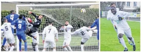  ??  ?? À la 45’, Clément Douadou est encore battu une deuxième fois sur un corner direct poussé par le vent. Ladislas Douniama (n° 9) marque de la tête le premier but granvillai­s et le 3e, qui qualifient l’USG pour le 8e tour de Coupe de France.