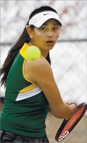  ?? PHOTOS BY JOEL ROSENBAUM — THE REPORTER ?? Vanden High’s Maya Khanna sets up to hit a backhand return during the first set of her 7-5, 4-6, 7-5 victory over Vacaville High’s Katelyn Crismon in their number two singles match Wednesday at Cammisa Courts on the campus of Vaca High.