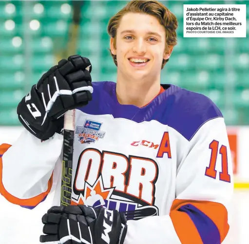  ??  ?? Jakob Pelletier agira à titre d’assistant au capitaine d’équipe Orr, Kirby Dach, lors du Match des meilleurs espoirs de la LCH, ce soir. PHOTO COURTOISIE CHL IMAGES