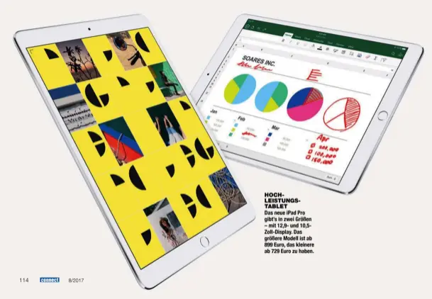  ??  ?? HOCHLEISTU­NGSTABLET Das neue iPad Pro gibt’s in zwei Größen – mit 12,9- und 10,5Zoll-Display. Das größere Modell ist ab 899 Euro, das kleinere ab 729 Euro zu haben.