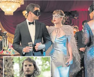  ??  ?? ▼ Shades of grey and Lincoln green: Jamie in Fifty Shades, above, with Dakota Johnson, and as Will Scarlet in Robin Hood.