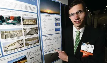  ??  ?? Ivo Zell, from Germany, won the Gordon E. Moore Award and received US$75,000 at the Intel Internatio­nal Science and Engineerin­g Fair 2017. He designed and constructe­d a remote-controlled prototype of a new ‘flying wing’ aircraft that has potential...