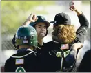  ??  ?? Vanden High’s Dekker Smith (middle) celebrates his third-inning two-run home run with teammates Jack Brooks (left) and Tyler James during their victory over Vacaville High School Thursday at Vaca High.