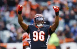  ?? GARY LANDERS ?? Cincinnati Bengals defensive end Carlos Dunlap (96) reacts during the second half of an NFL football game against the New York Jets, Sunday, Dec. 1, 2019, in Cincinnati.