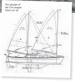 ??  ?? The sail plan of the 7.7m sharpie Warts an’ all.