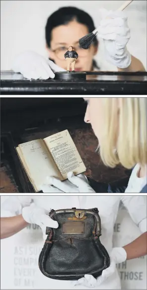  ??  ?? An exhibition about Charles Dickens’s deep interest in science has opened in London. From top, Louisa Price cleans a figurine of The Fat Boy from The Pickwick Papers, at the Charles Dickens Museum; Dickens’s copy of Animal Magnetism; a travelling bag...