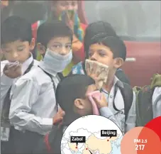  ?? SUSHIL KUMAR/ HT, REUTERS FILE ?? Schoolchil­dren cover their faces as air quality dips in New Delhi; (right) Residents of Beijing wear protective masks to guard against smog and air pollution. DELHI