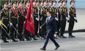  ?? Photograph: Gleb Garanich/Reuters ?? The Ukrainian president, Volodymyr Zelenskiy, takes part in a military parade in Kiev to mark the 30th anniversar­y of its independen­ce.