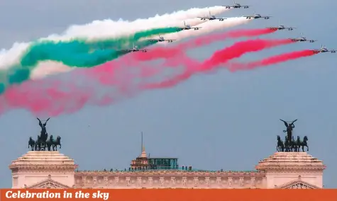  ?? AFP ?? Jets of the Italian Air Force aerobatic unit Frecce Tricolori (“Tricolour Arrows”) spread smoke in the colours of the country’s national flag, while flying over the capital Rome, as part of official ceremonies yesterday. Italy celebrated its National Unity Day and Armed Forces Day yesterday, in remembranc­e of the end of the First World War.